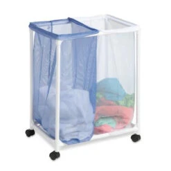 Blue/White Mesh 2-Bag Rolling Laundry Sorter