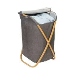 Gray/Natural Bamboo Folding Hamper With Lid