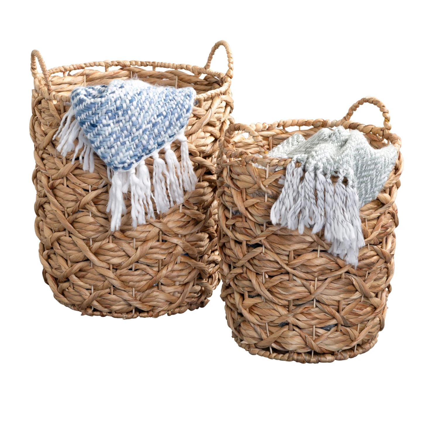 Natural Round Decorative Wicker Baskets With Handles (Set Of 2)