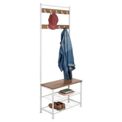 White/Walnut Entryway Hall Tree With Bench And Shoe Storage