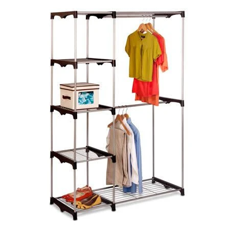 Silver/Black Freestanding Closet With Double Bar And Shelves