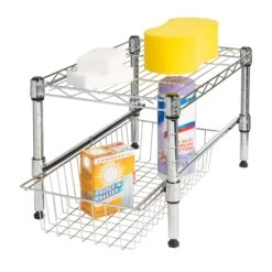 Chrome Small Cabinet Organizer With Basket And Adjustable Shelf