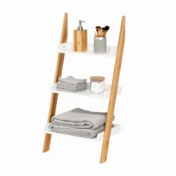 White/Bamboo 3-Tier Bath Leaning Ladder Shelf