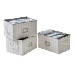Gray Stripes Folding Large Fabric Storage Bins With Handles (Set Of 3)