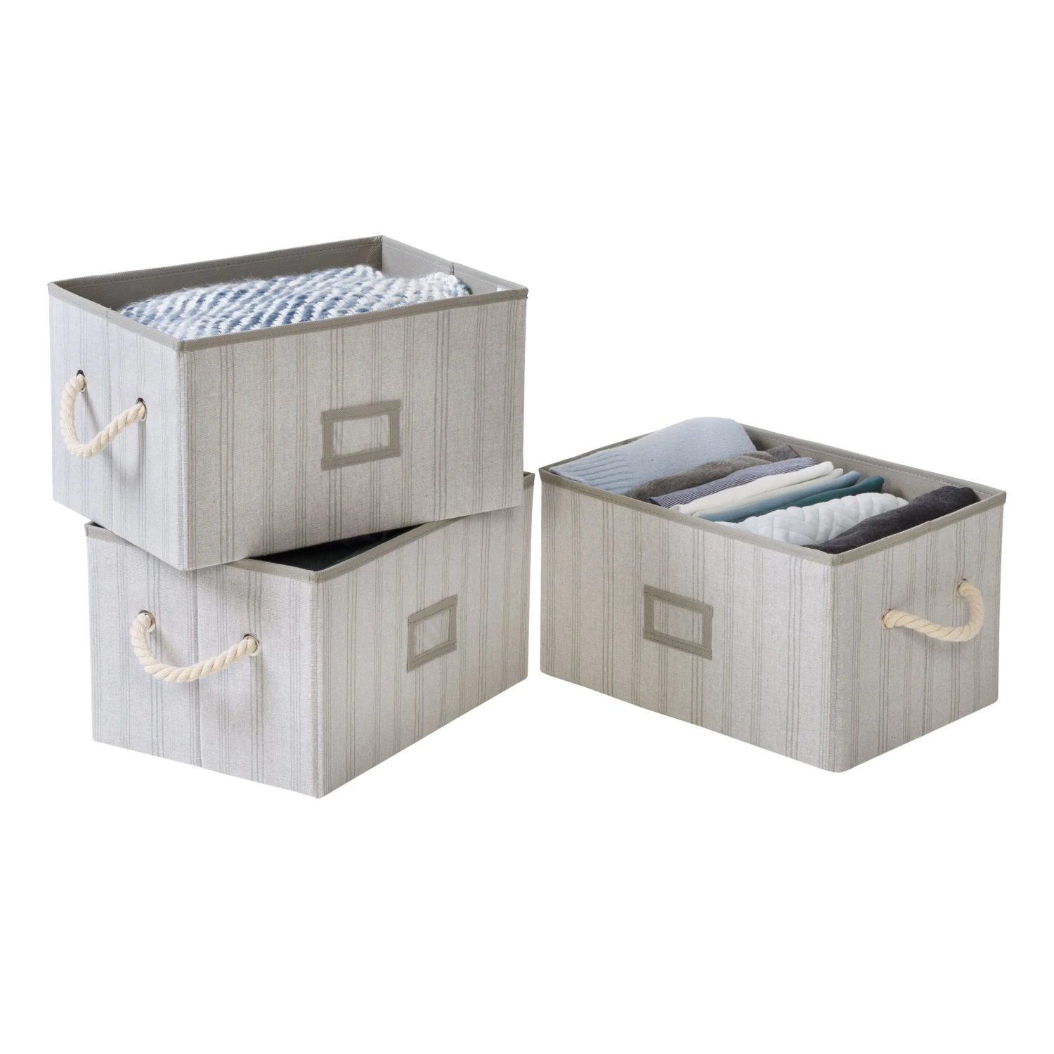 Gray Stripes Folding Large Fabric Storage Bins With Handles (Set Of 3)