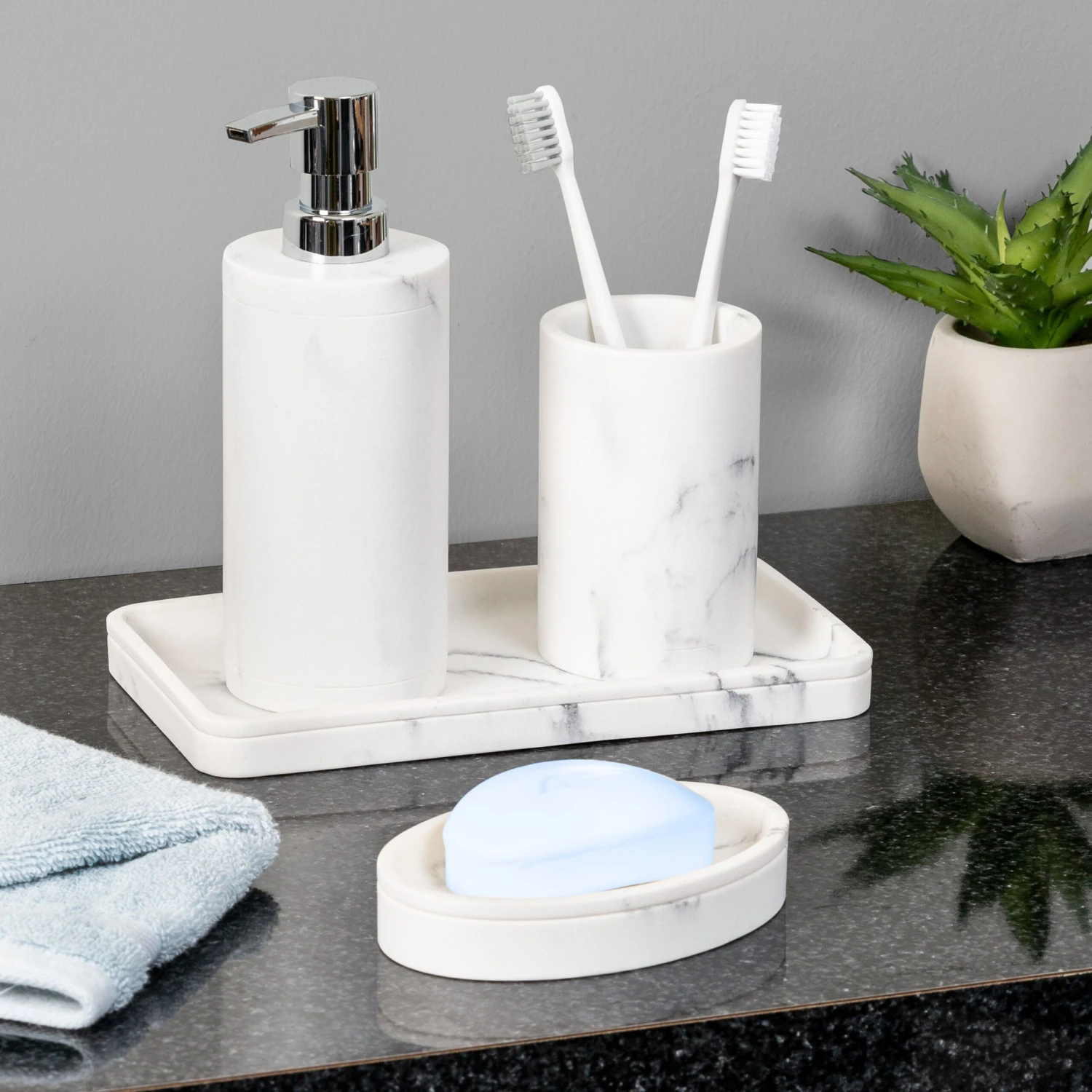 White Faux Marble Bath Accessory Set (4-Piece) - Image 2