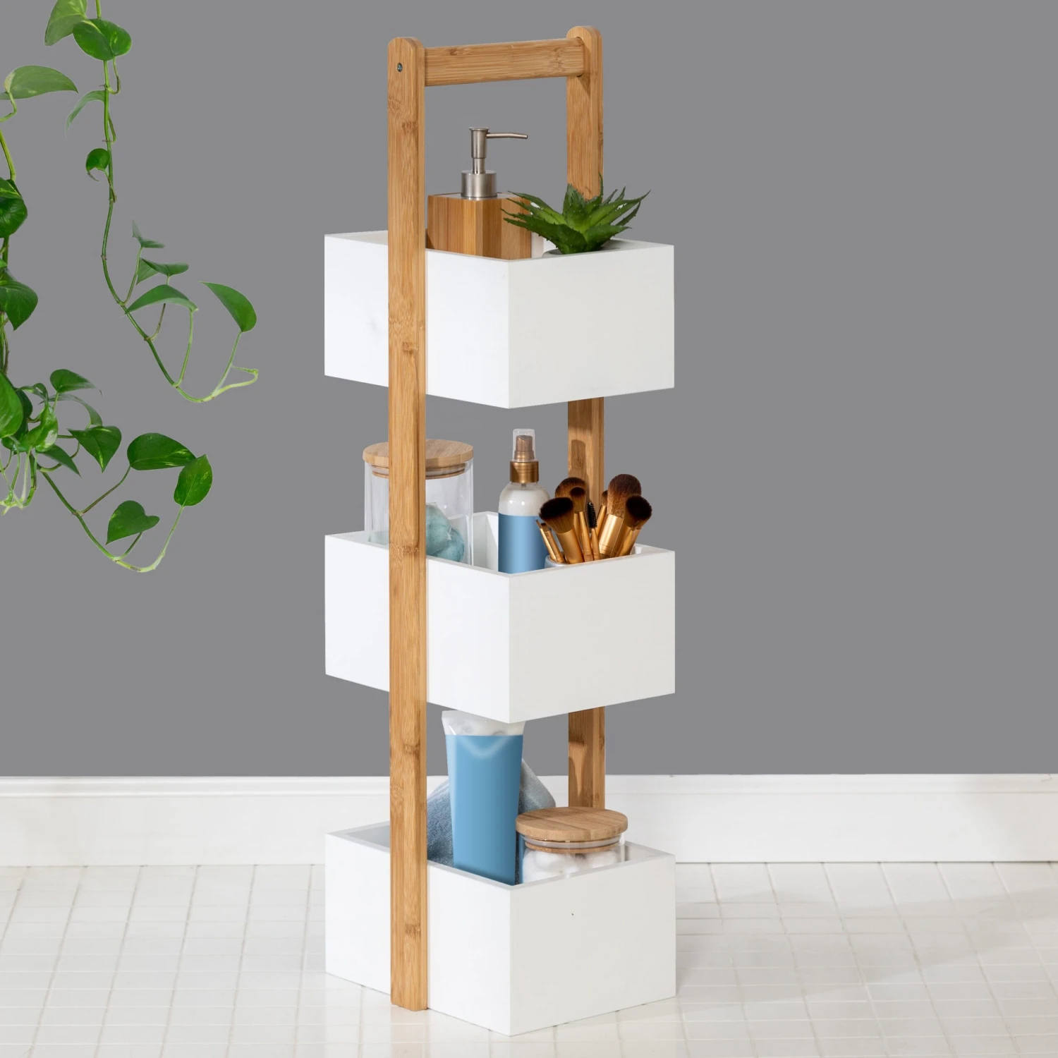 Natural Bamboo/White 3-Tier Bath Storage Caddy - Image 2