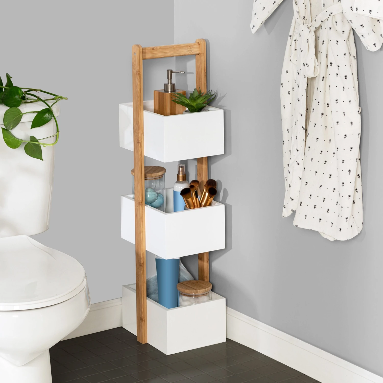 Natural Bamboo/White 3-Tier Bath Storage Caddy - Image 4