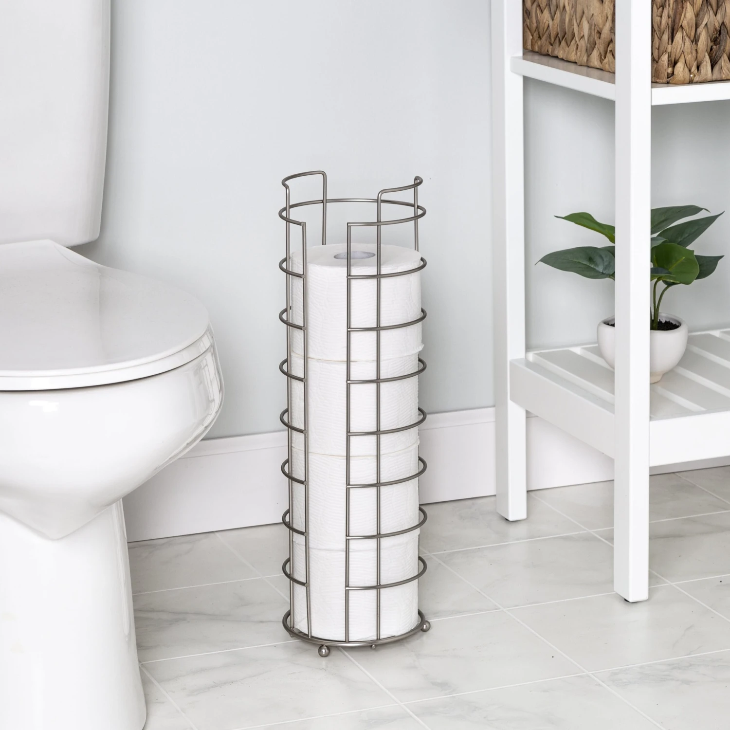 Satin Nickel Cage Wire Freestanding 4 Roll Toilet Paper Holder - Image 2