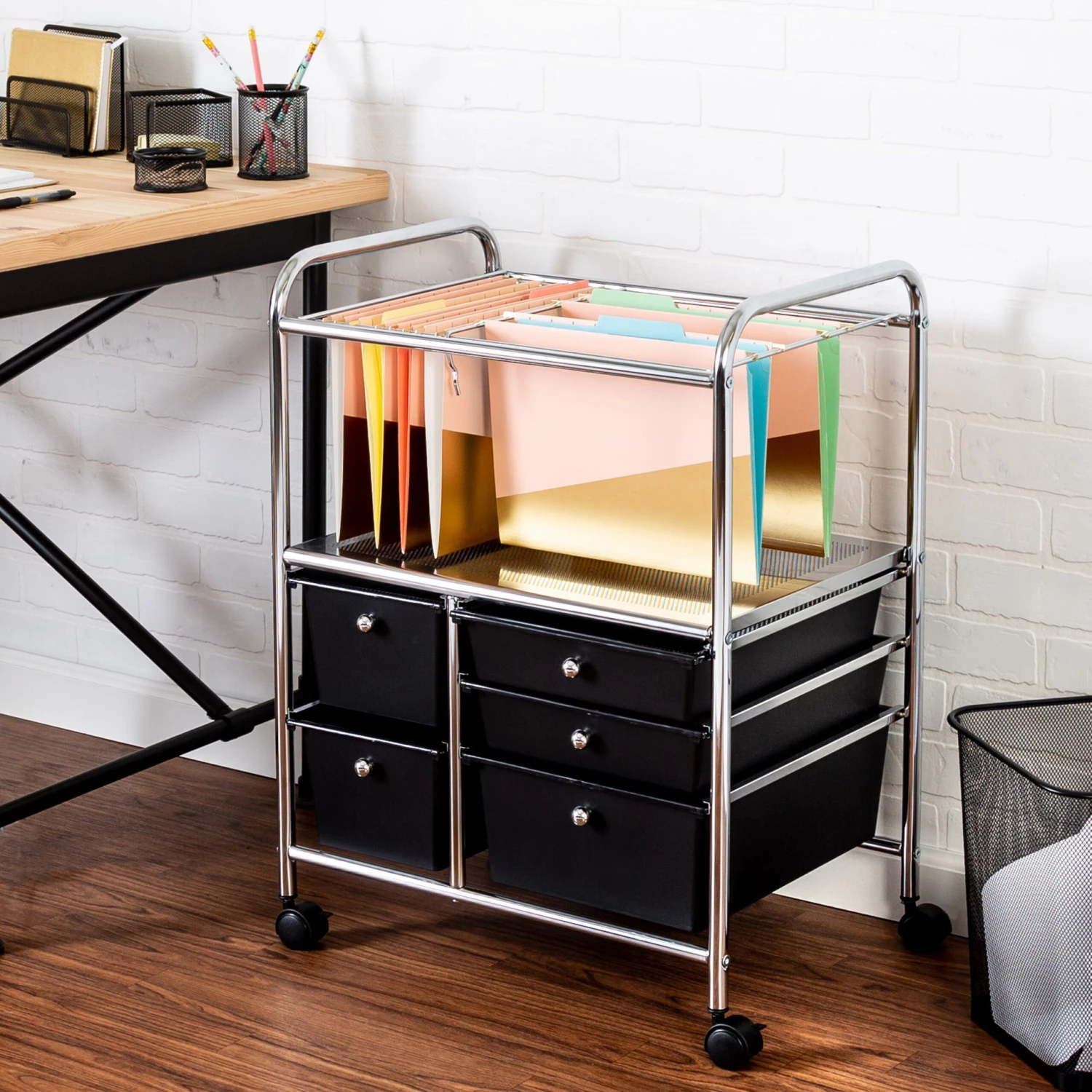 Black/Chrome 5-Drawer Rolling File Cart - Image 2