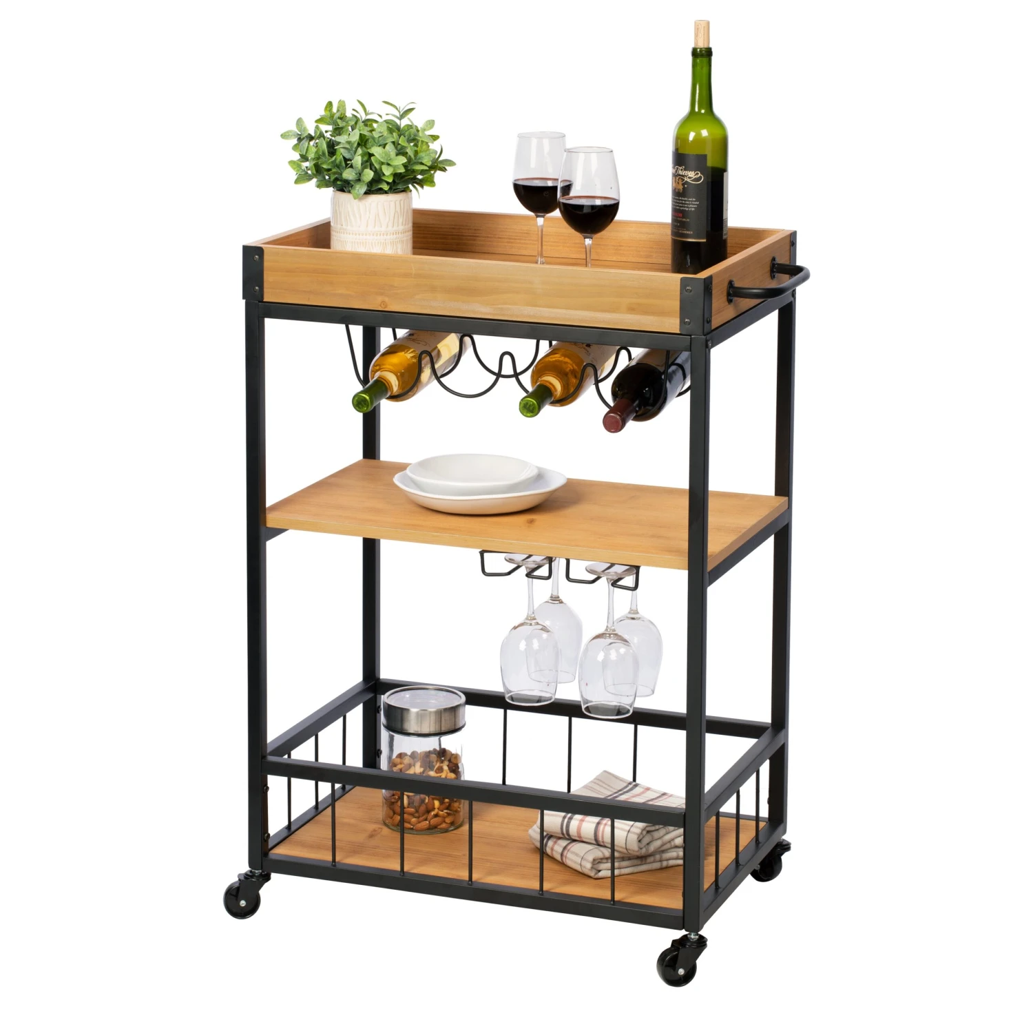 Black/Brown Industrial Bar Cart With Removable Serving Tray