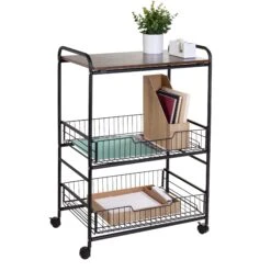 Black/Walnut 3-Tier Cart With Wood Shelf And Pull-Out Baskets