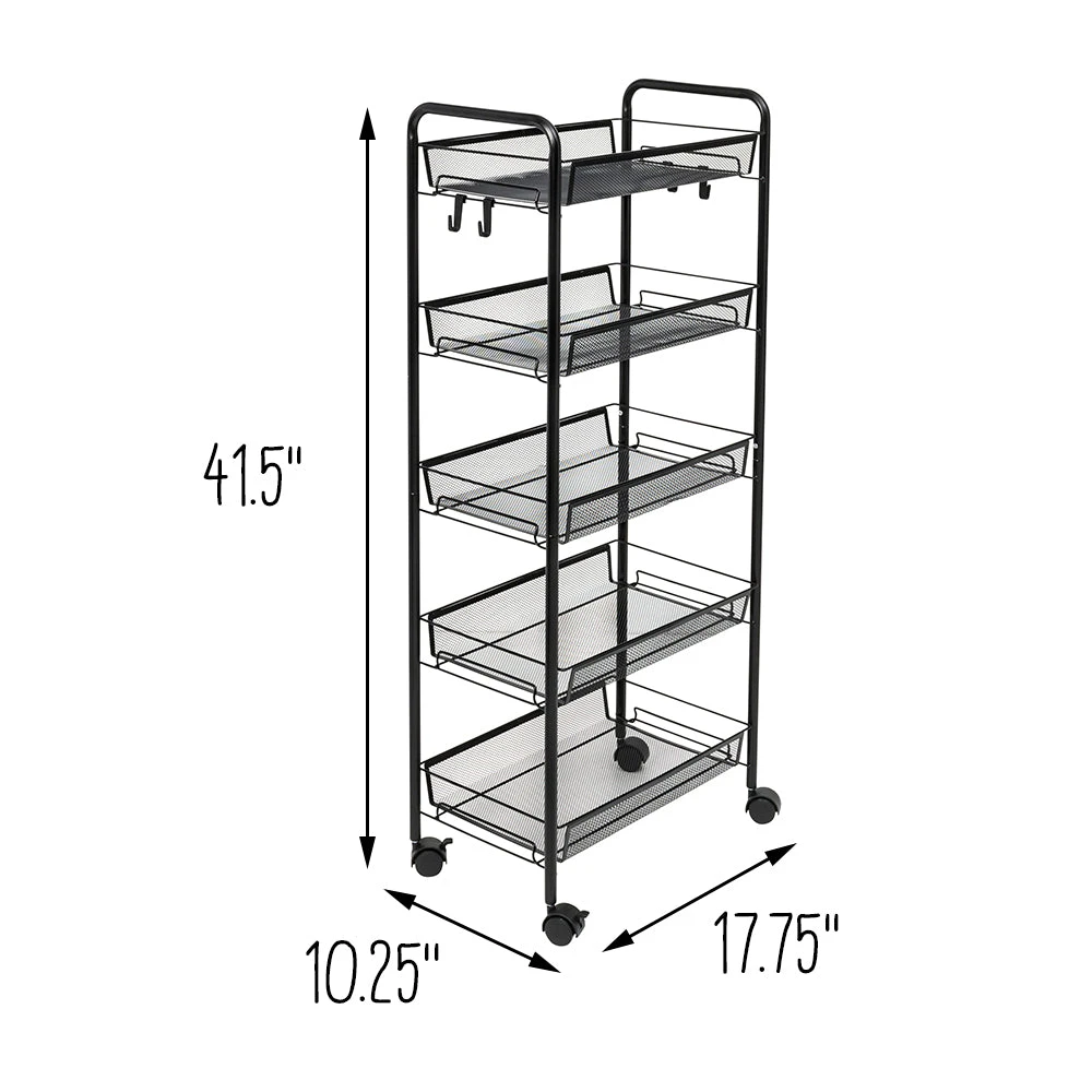 Black 5-Tier Storage Cart With 4 Hooks - Image 5