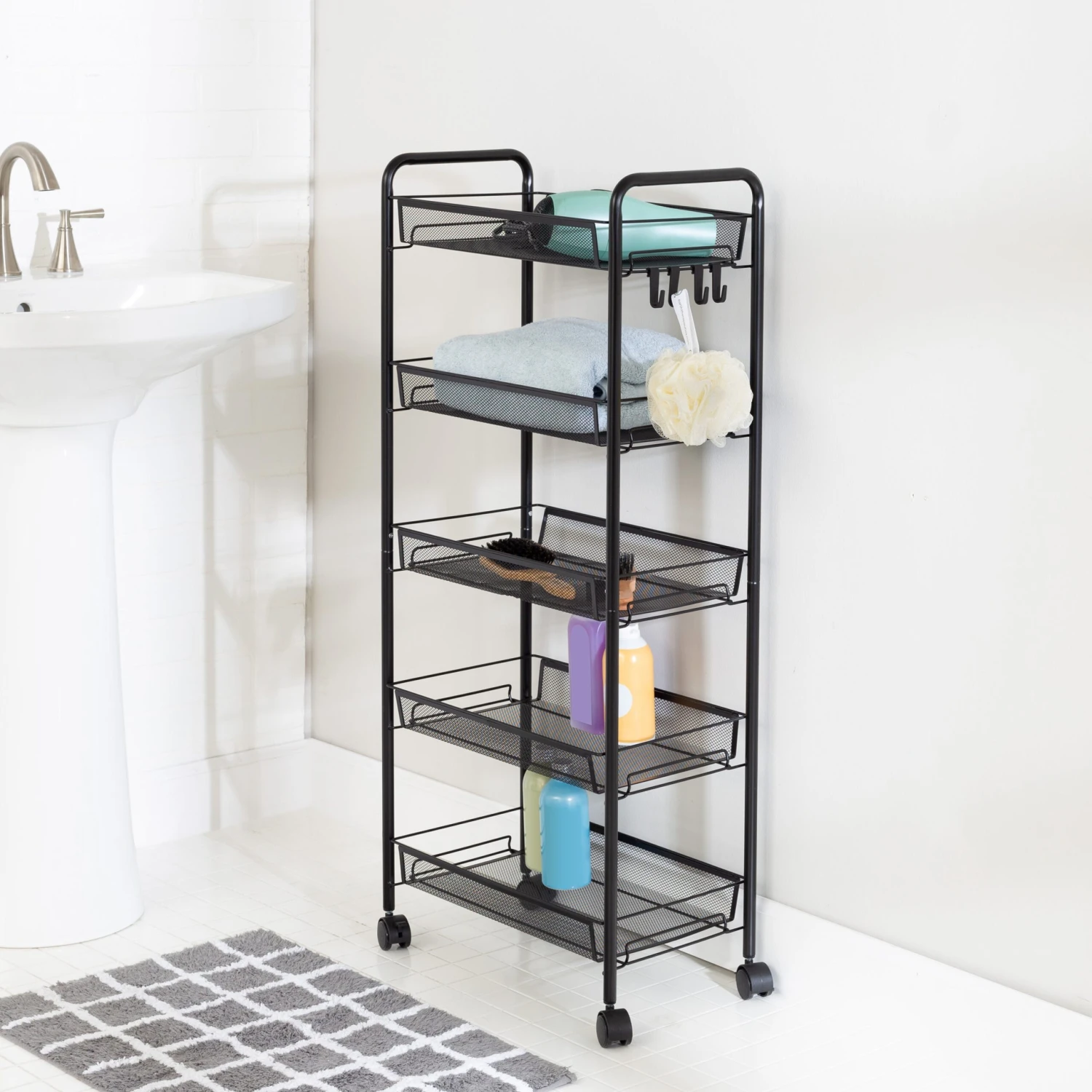 Black 5-Tier Storage Cart With 4 Hooks - Image 2