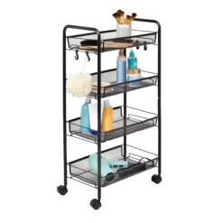 Black 4-Tier Metal Storage Cart With 5 Hooks