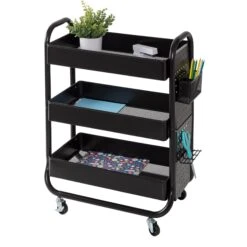 Black Craft Cart With Wheels, Pegboard, Shelf, And Metal Basket
