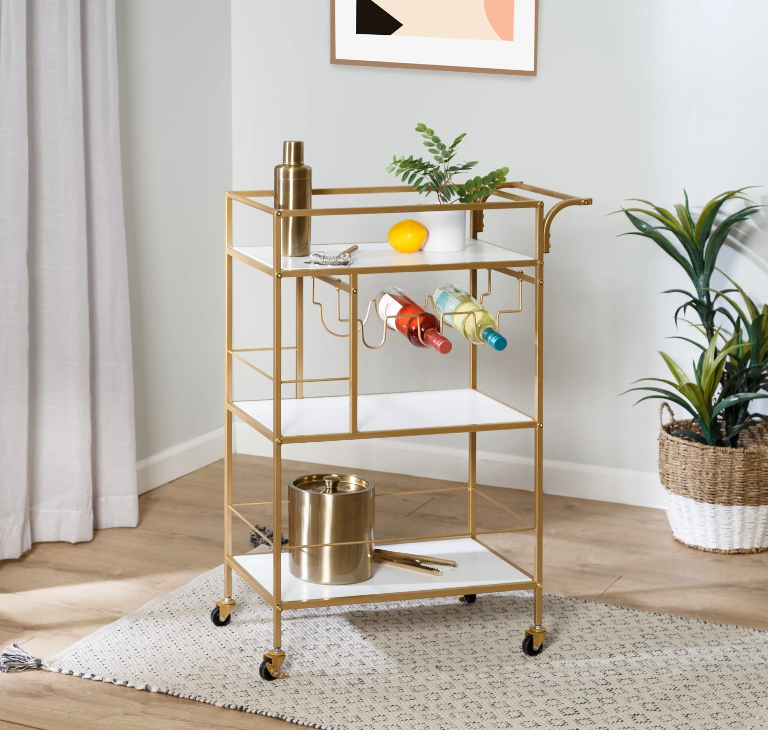 Gold/White 3-Tier Rolling Bar Cart With Rack And Handle - Image 2