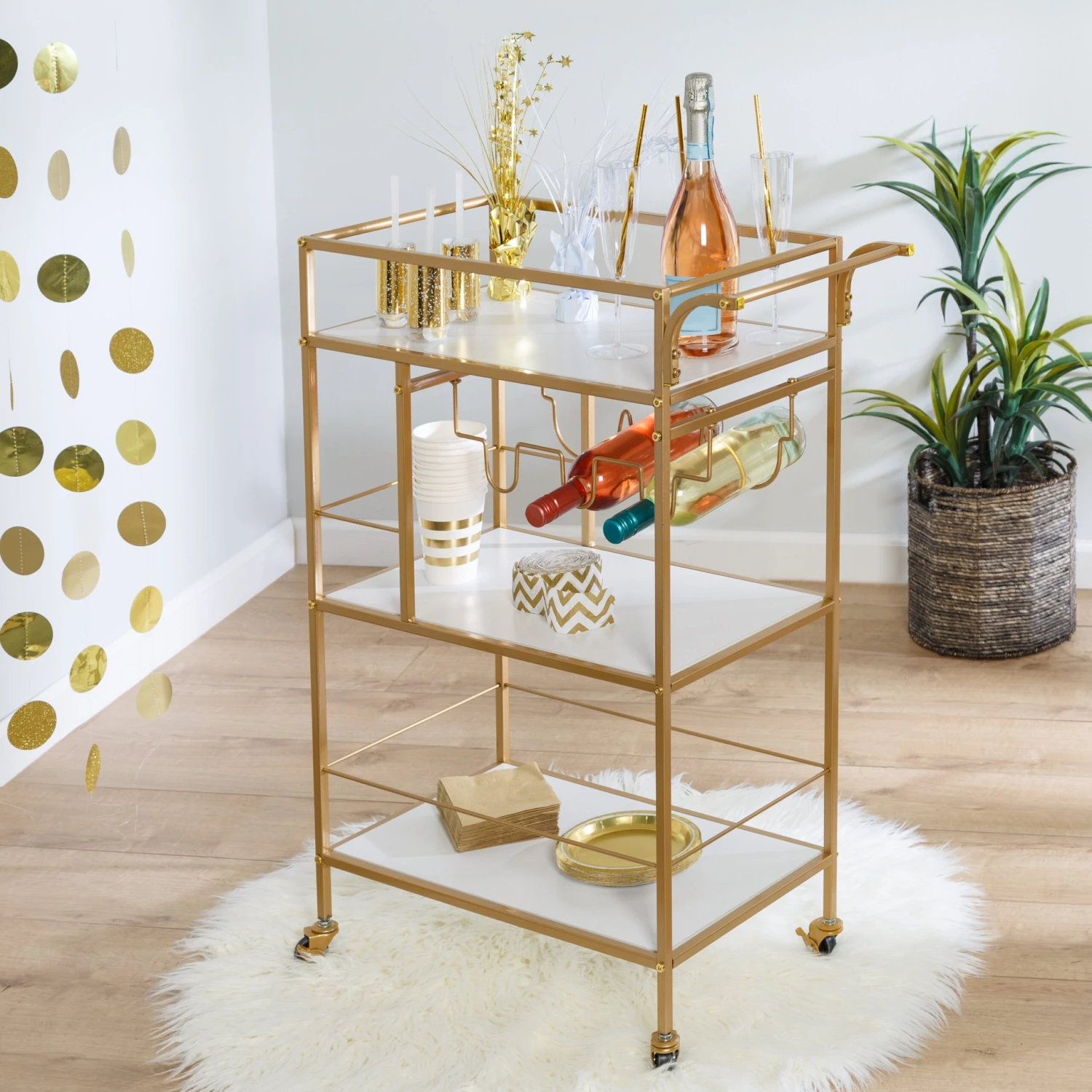 Gold/White 3-Tier Rolling Bar Cart With Rack And Handle - Image 3