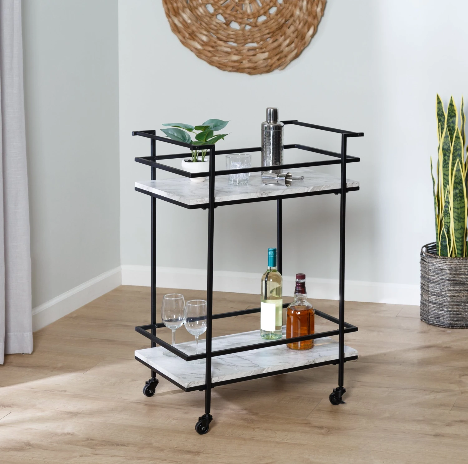 Black/White Faux Marble 2-Tier Bar And Serving Cart - Image 2