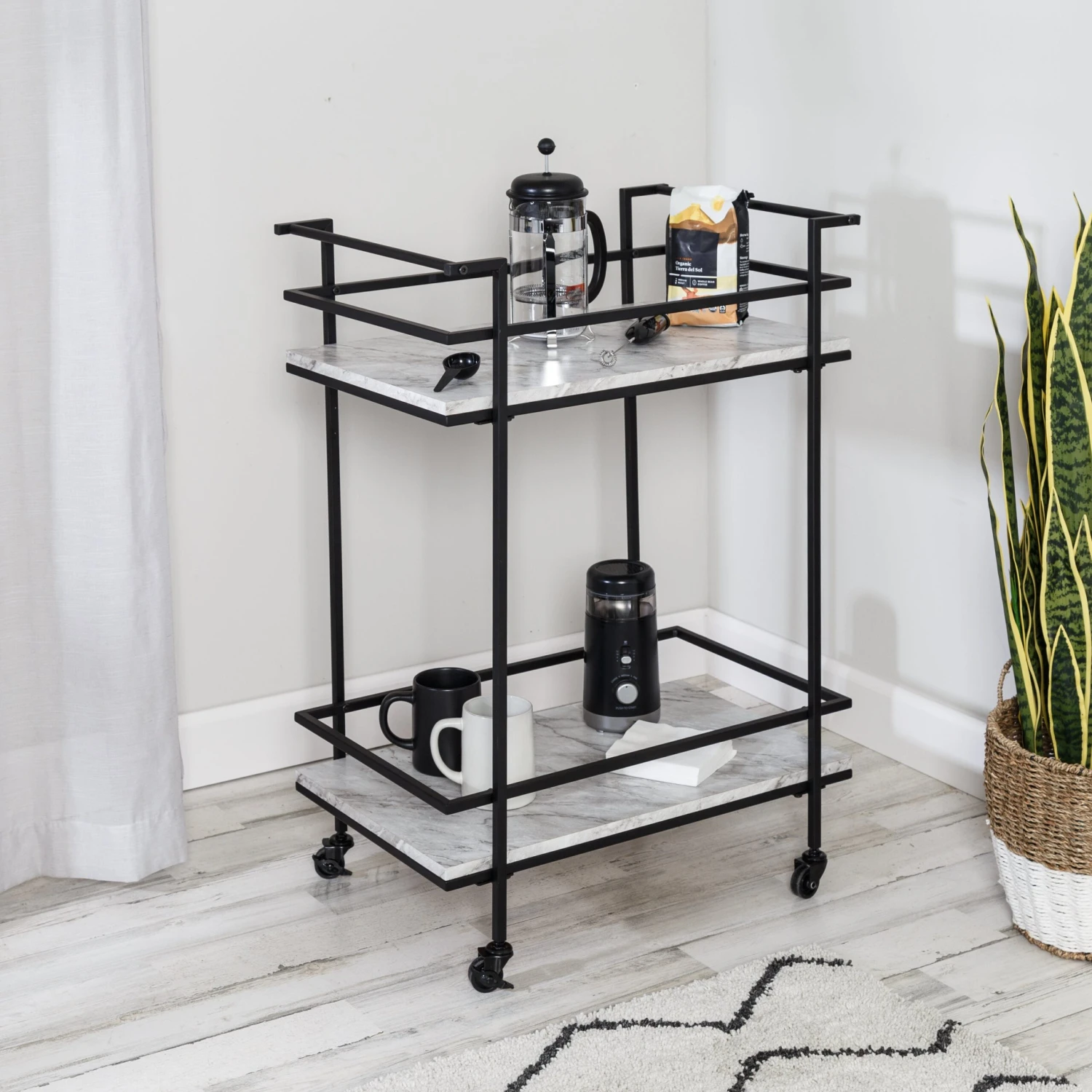 Black/White Faux Marble 2-Tier Bar And Serving Cart - Image 4