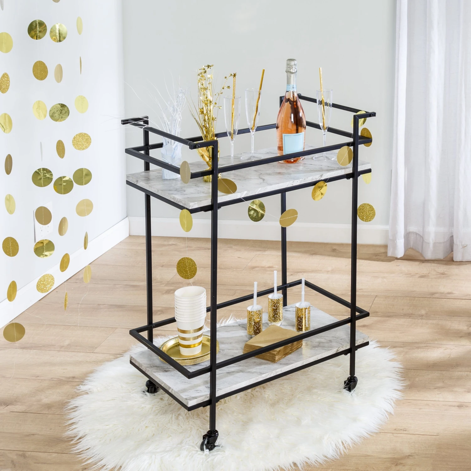 Black/White Faux Marble 2-Tier Bar And Serving Cart - Image 5
