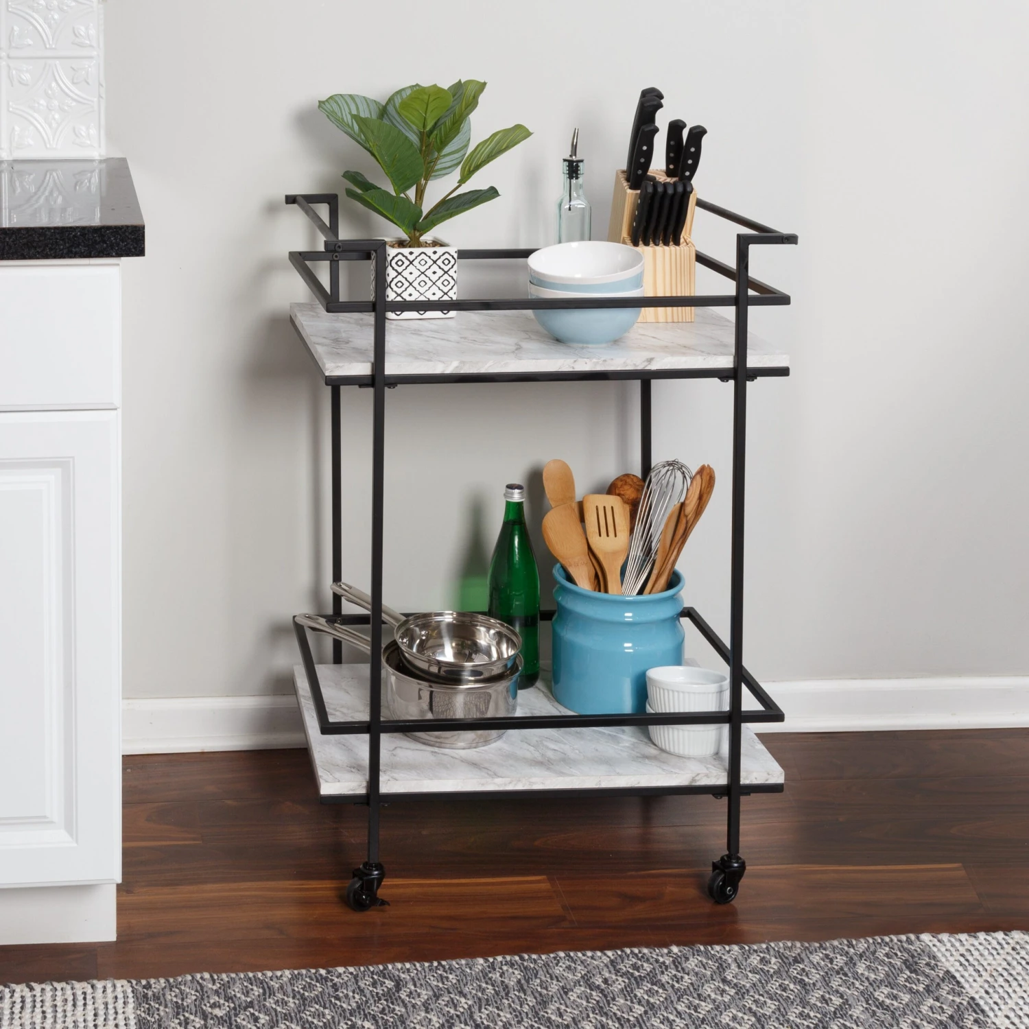 Black/White Faux Marble 2-Tier Bar And Serving Cart - Image 3