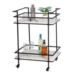 Black/White Faux Marble 2-Tier Bar And Serving Cart