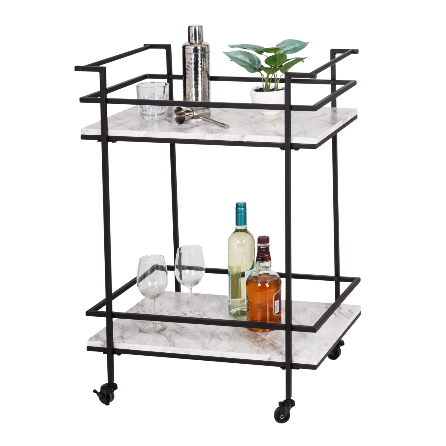 Black/White Faux Marble 2-Tier Bar And Serving Cart