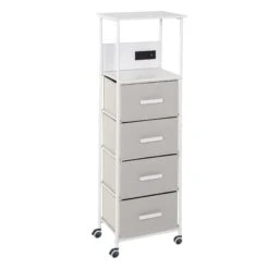 White/Gray Dorm 4-Drawer Bedside Charging Storage Cart