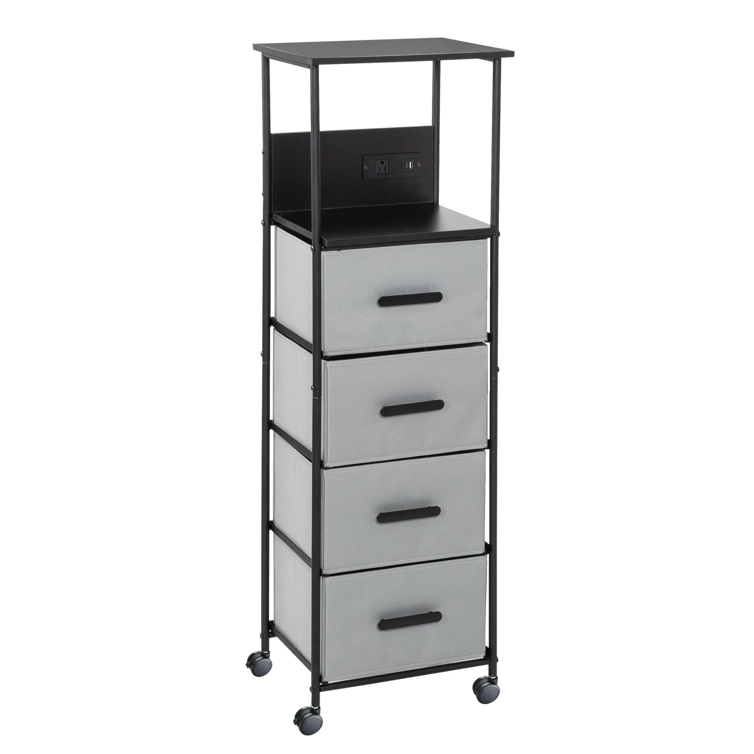 Black/Gray Dorm 4-Drawer Bedside Charging Storage Cart - Image 4