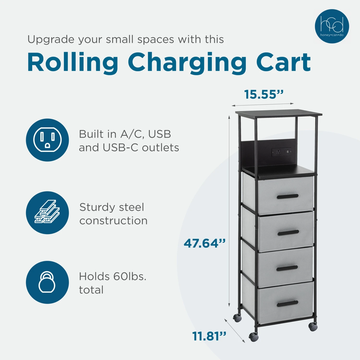 Black/Gray Dorm 4-Drawer Bedside Charging Storage Cart - Image 10