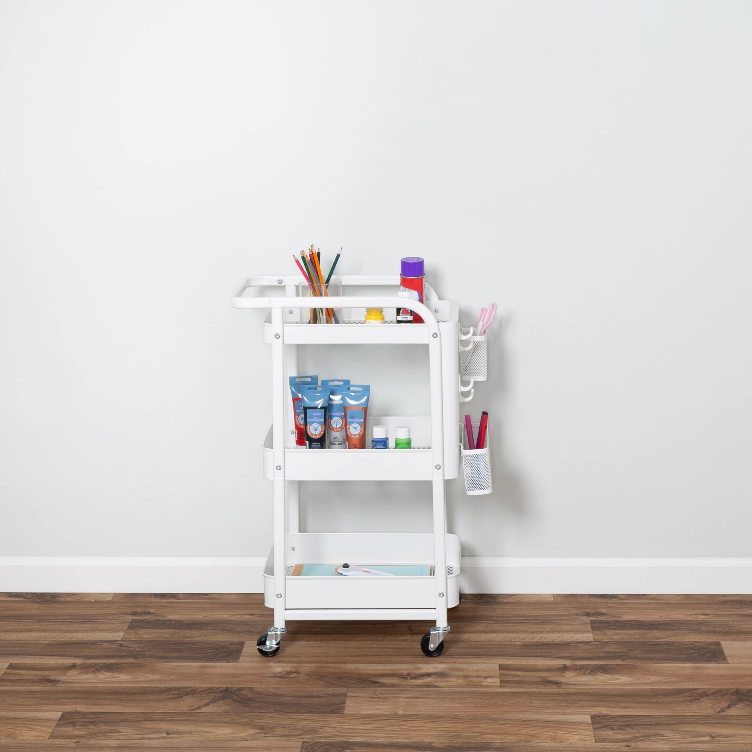 White Steel 3-Tier Craft Or Makeup Organizer Cart With Side Storage - Image 11