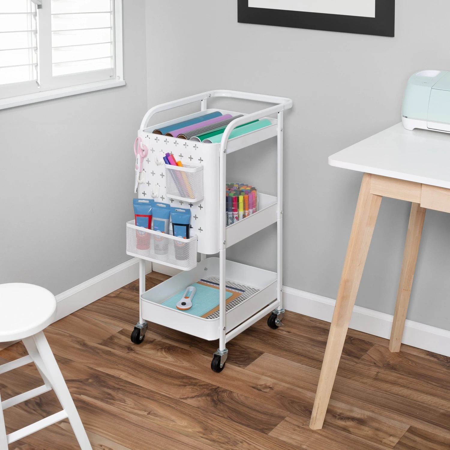 White Steel 3-Tier Craft Or Makeup Organizer Cart With Side Storage - Image 5