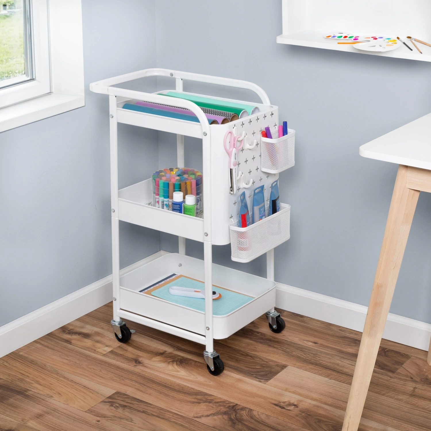 White Steel 3-Tier Craft Or Makeup Organizer Cart With Side Storage - Image 6