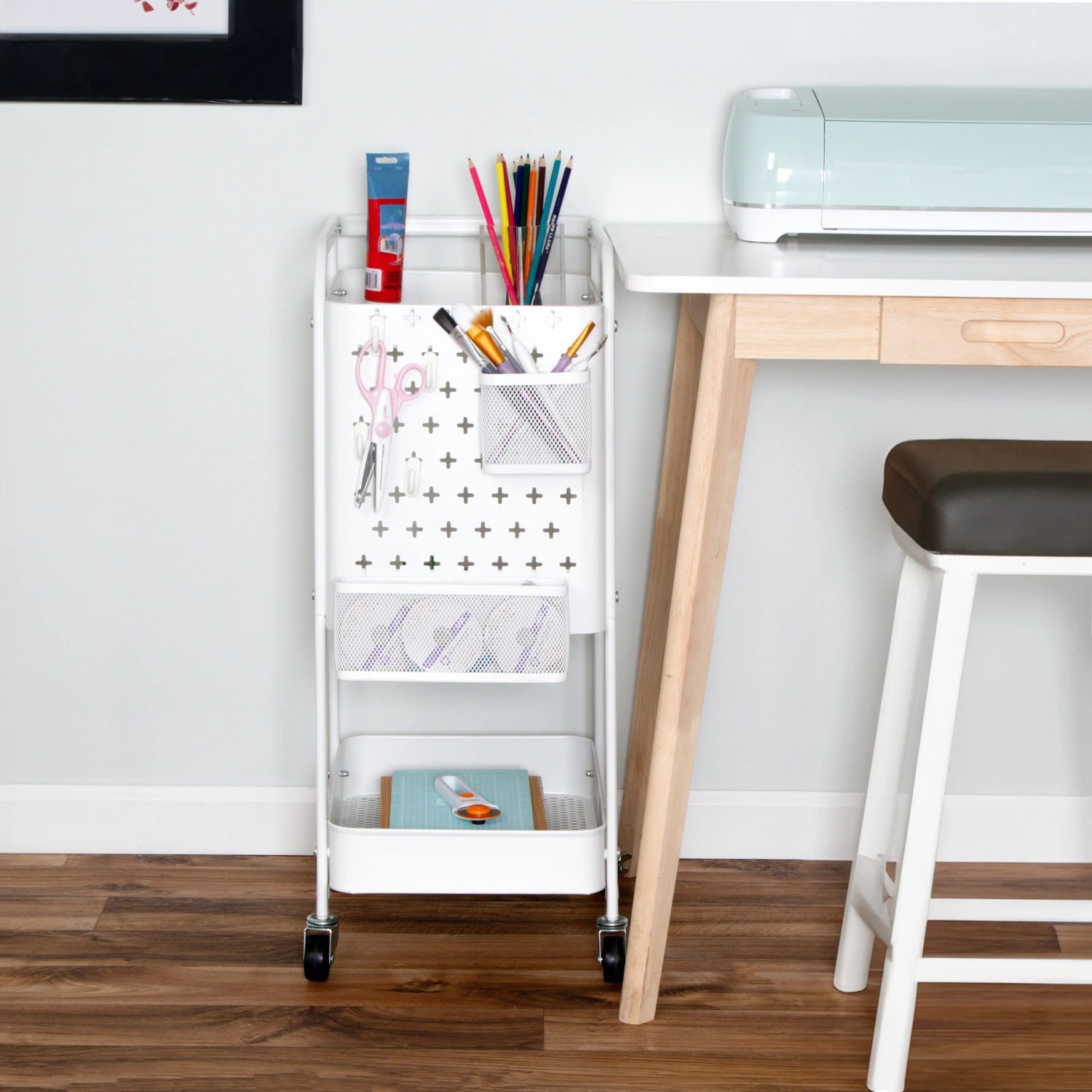 White Steel 3-Tier Craft Or Makeup Organizer Cart With Side Storage - Image 2