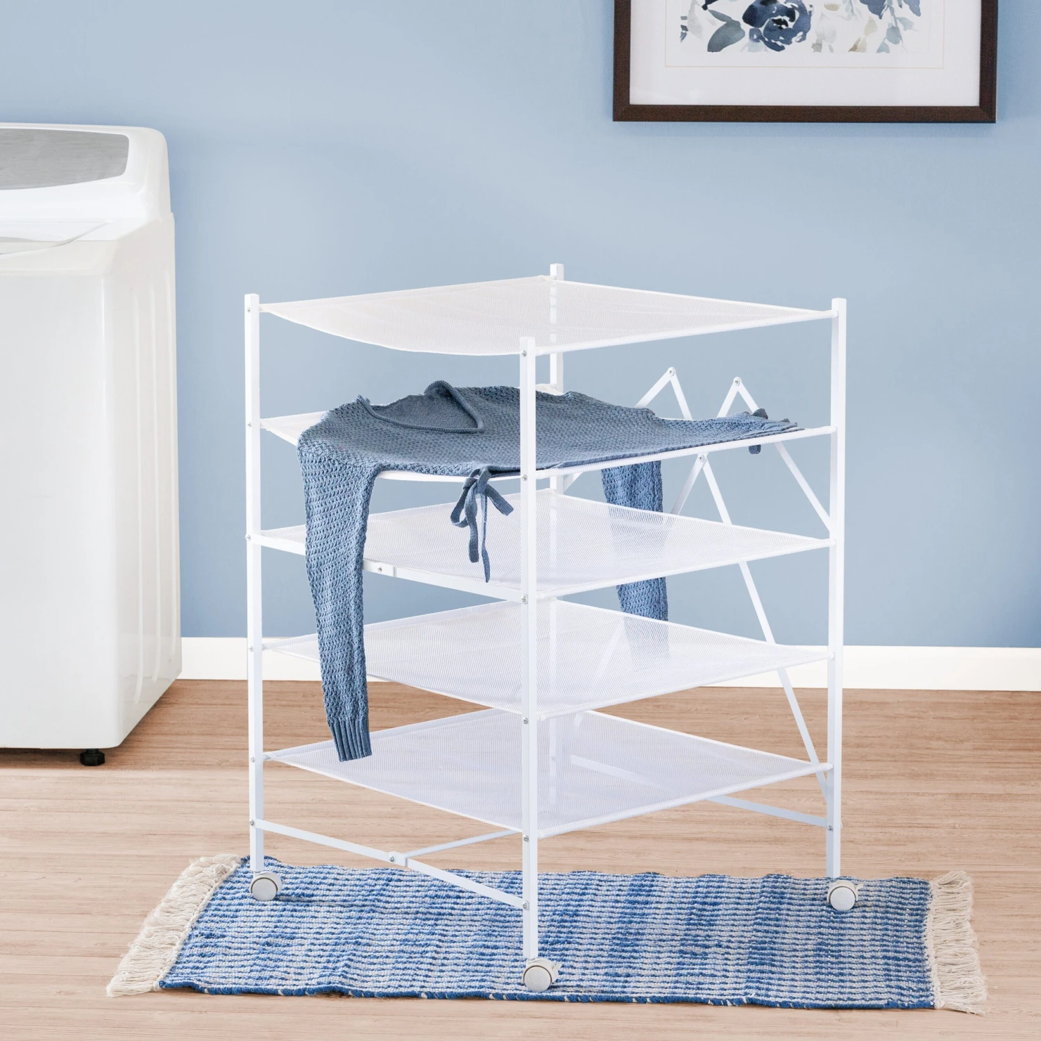 White 5-Tier Mesh Folding And Rolling Drying Rack - Image 2