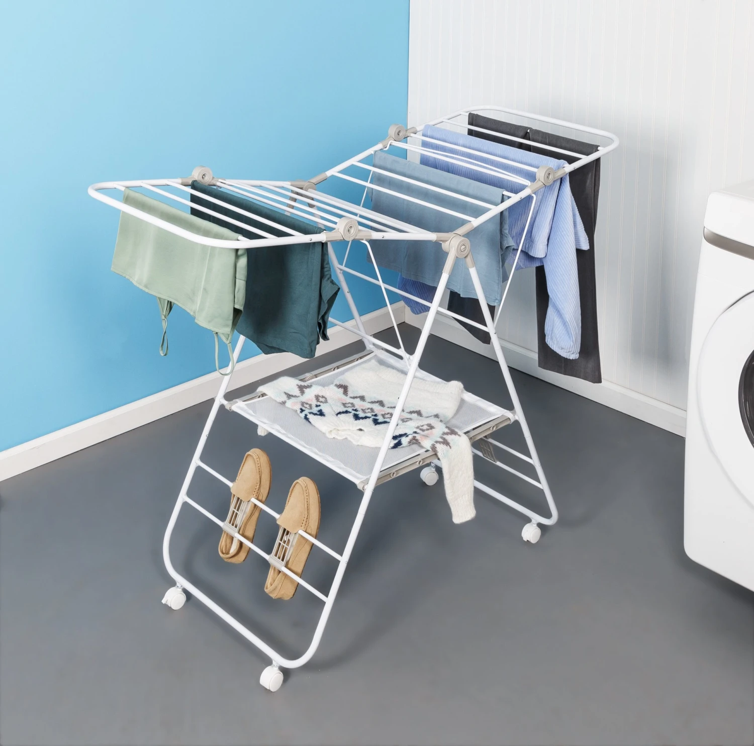 White Folding Gullwing Clothes Drying Rack With Wheels - Image 2