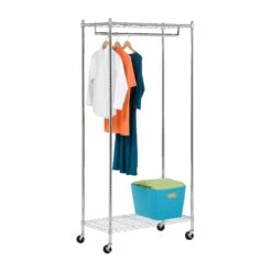 Chrome Heavy-Duty Rolling Clothes Rack With 2 Shelves