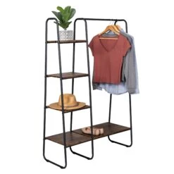 Black/Natural Freestanding Metal Clothing Rack With Wood Shelves