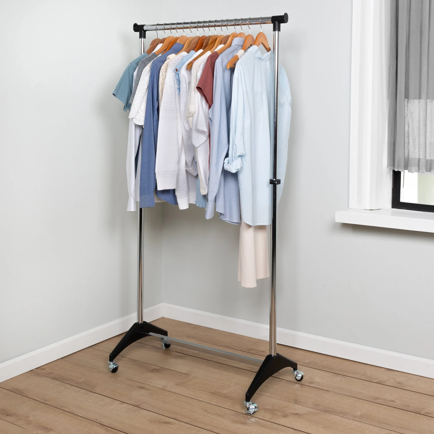 Chrome/Black Adjustable Rolling Clothing Rack - Image 2