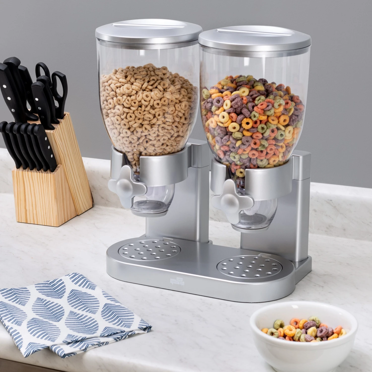 Silver Double Cereal Dispenser With Portion Control - Image 2