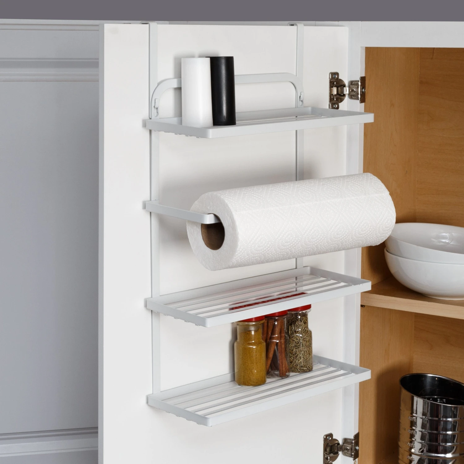 White Steel Hanging Spice Rack With Paper Towel Holder - Image 2