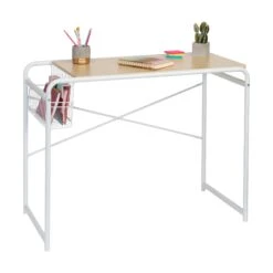 White Home Office Computer Desk With Side Basket