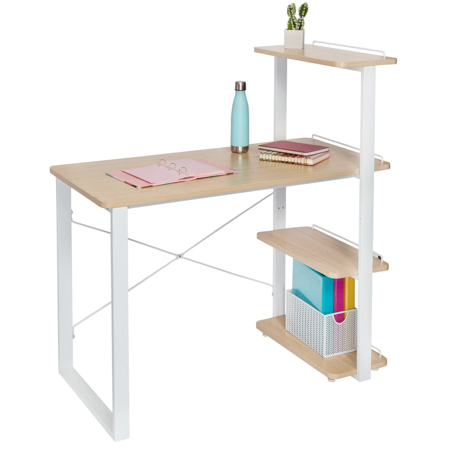 White/Natural Home Office Computer Desk With Shelves
