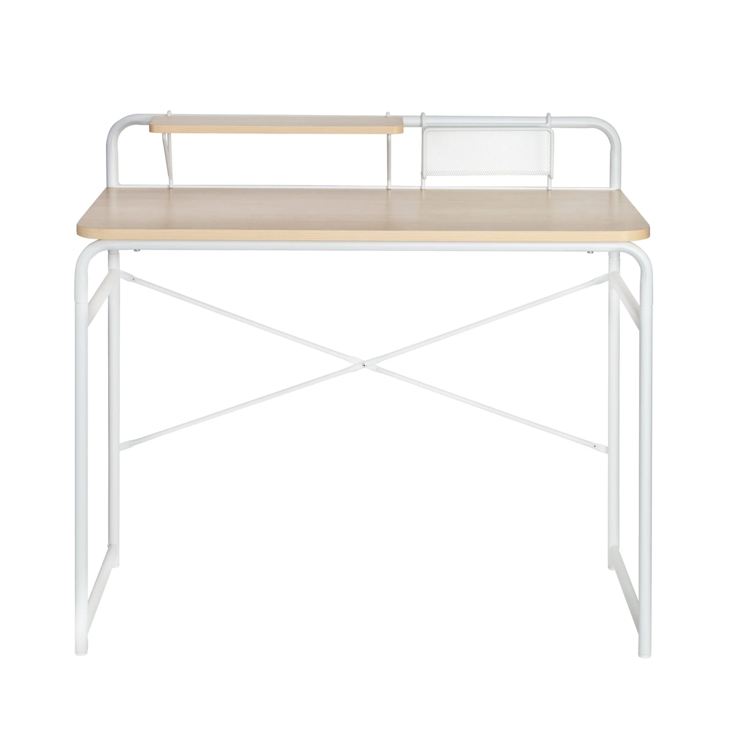 White/Natural Home Office Desk With Shelf And Basket - Image 6