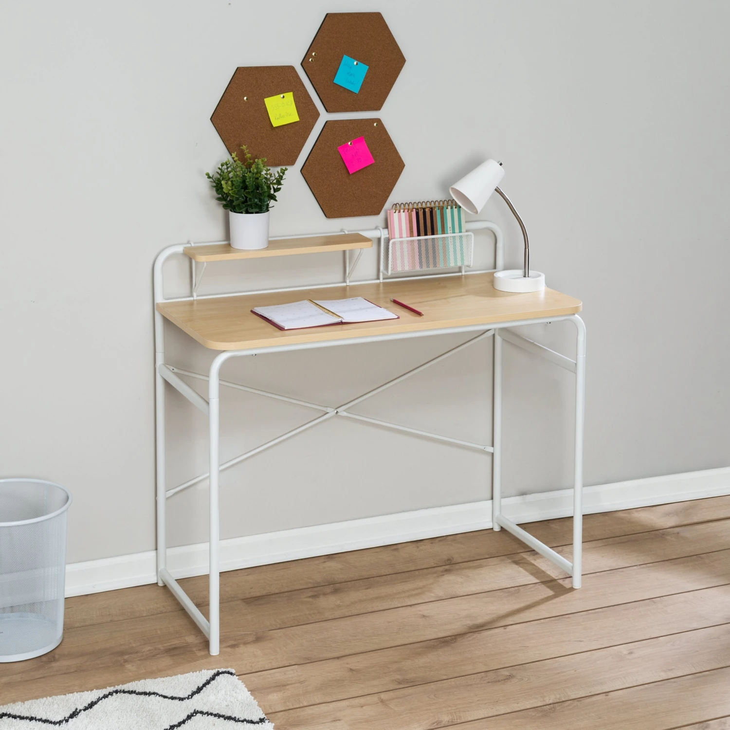 White/Natural Home Office Desk With Shelf And Basket - Image 2