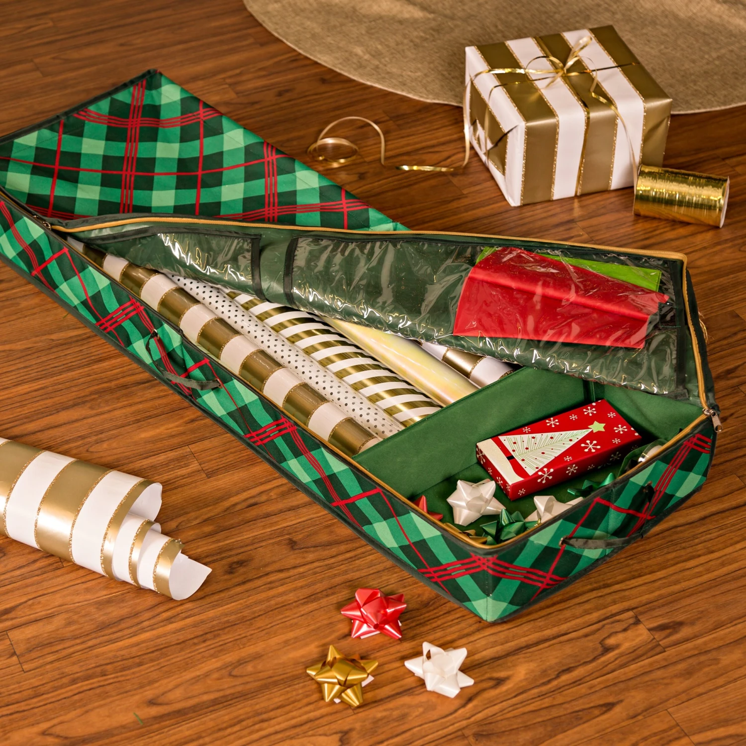 Green Plaid Holiday Gift Wrap Organizer - Image 2