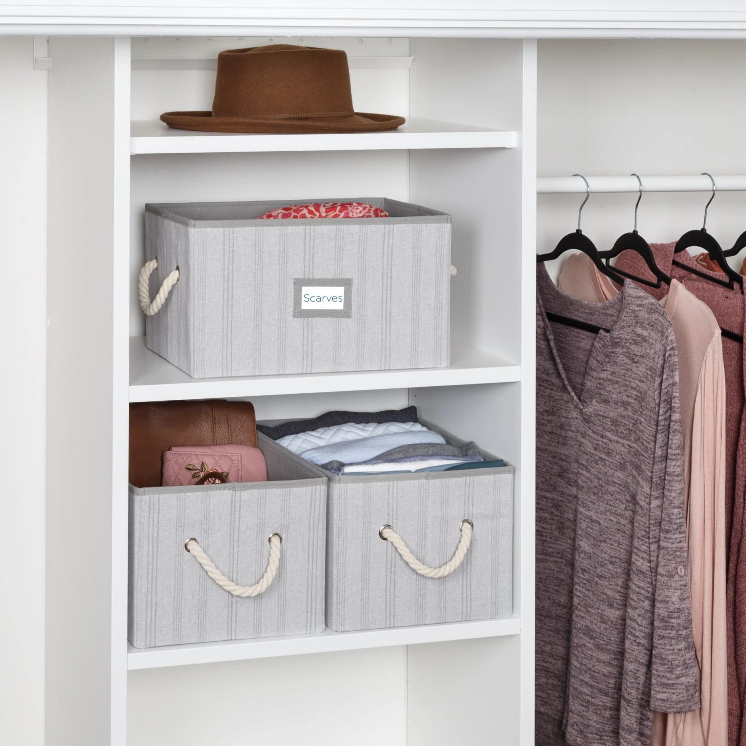 Gray Stripes Folding Large Fabric Storage Bins With Handles (Set Of 3) - Image 2