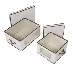 Natural 2-Pack Fabric Closet Storage Box With Lid, Clear-View Window & Removable Dividers