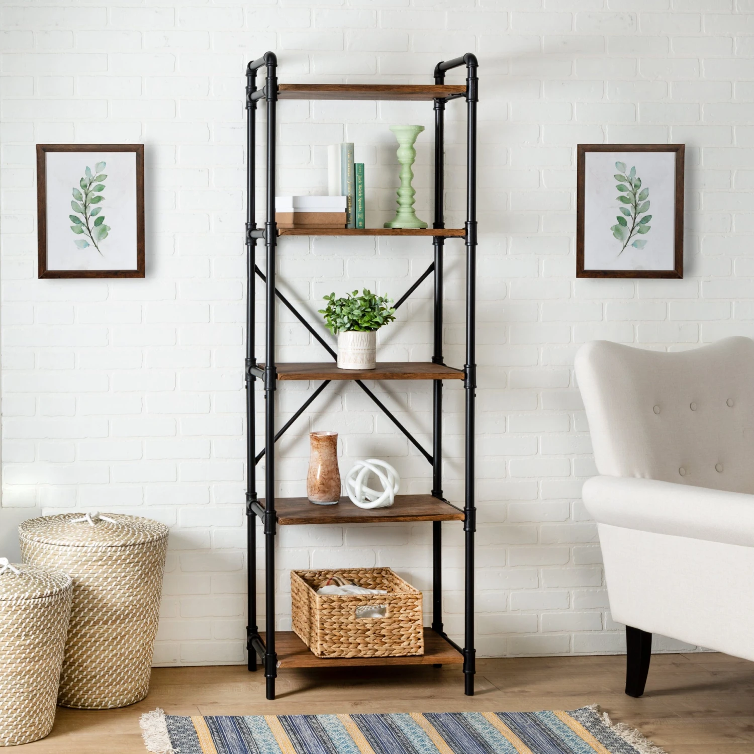 Black/Rustic 5-Tier Industrial Bookshelf - Image 2